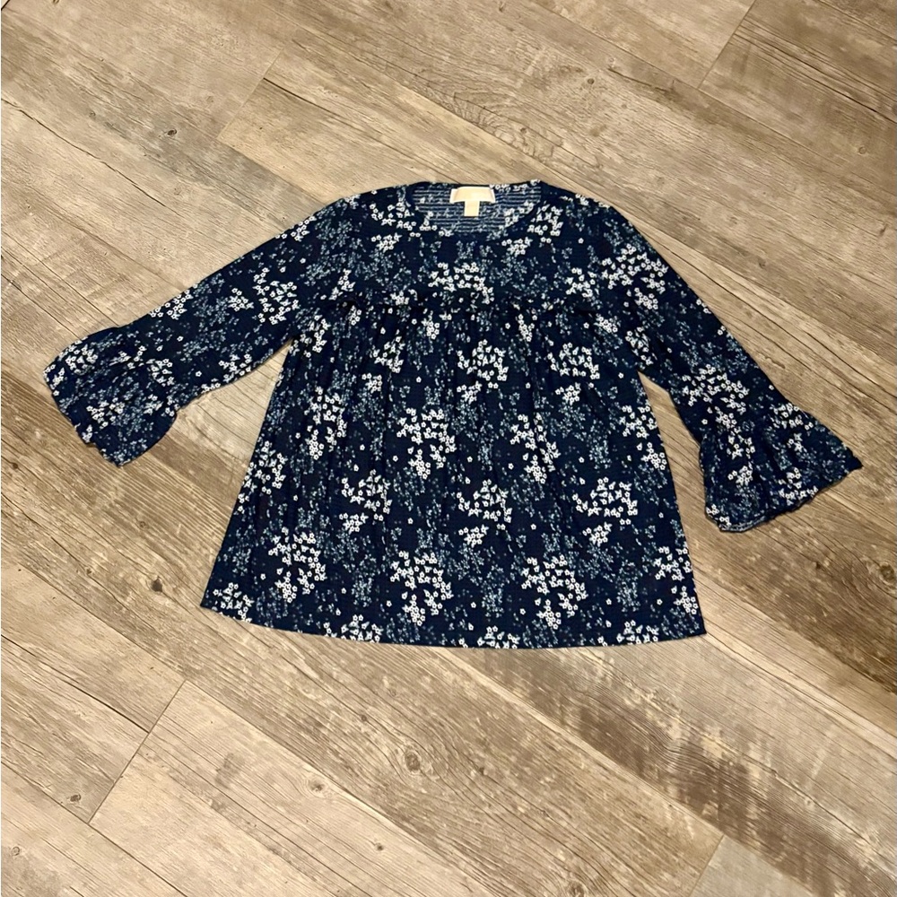 Michael Kors Blue Floral Petite Blouse Top with Bell Sleeves Stretchy Like New